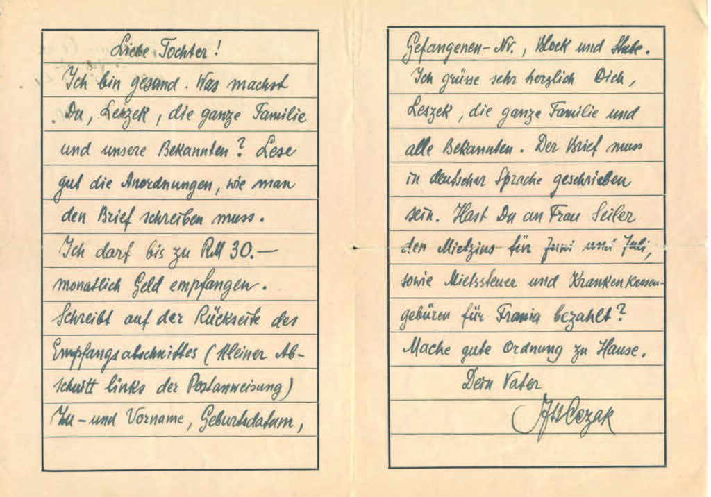 List z obozu w Mauthausen-Gusen, napisany przez J. St. Cezaka do córki Jadwigi